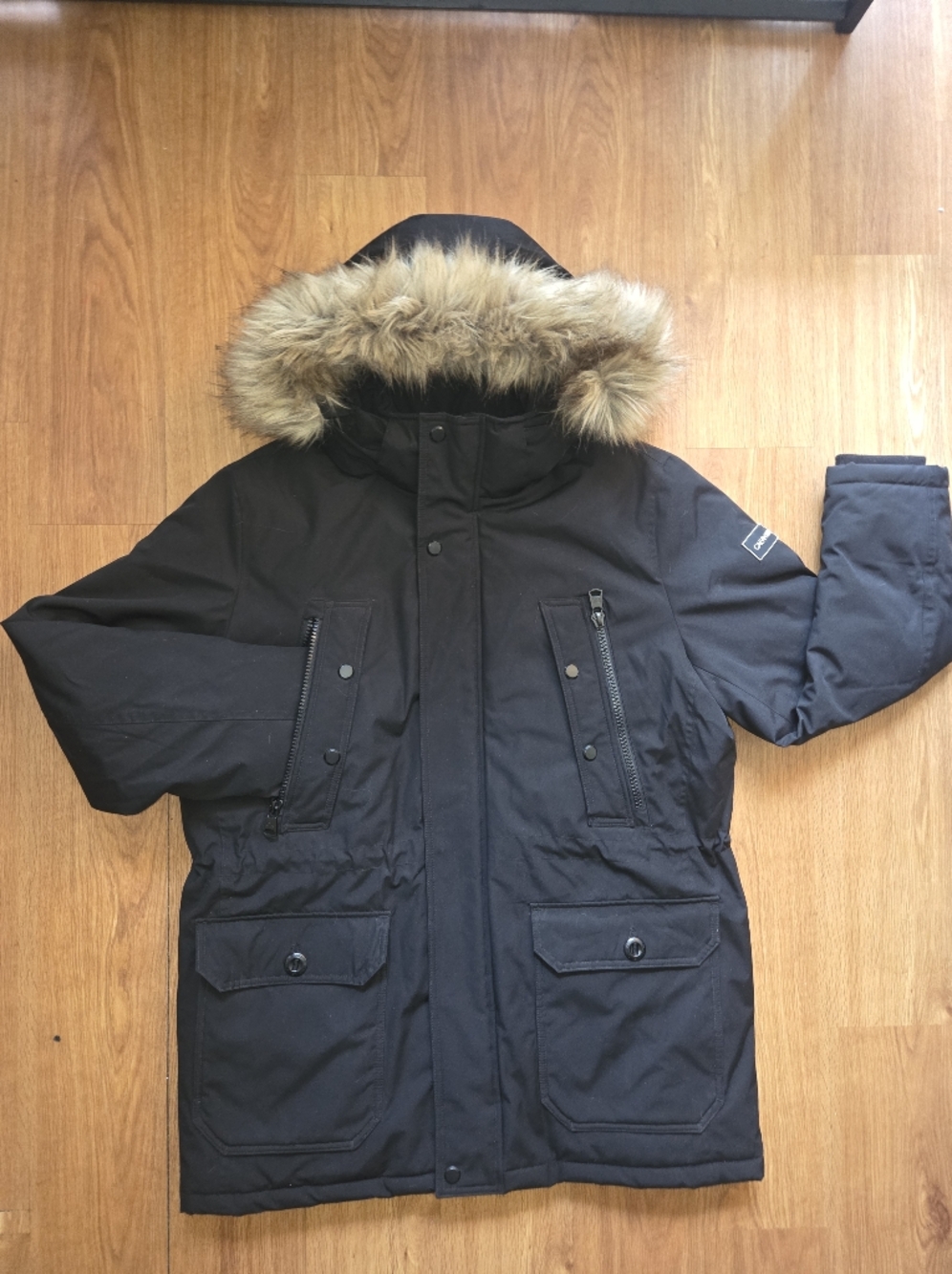 Men's Black Parka Jacket with Faux Fur Hood